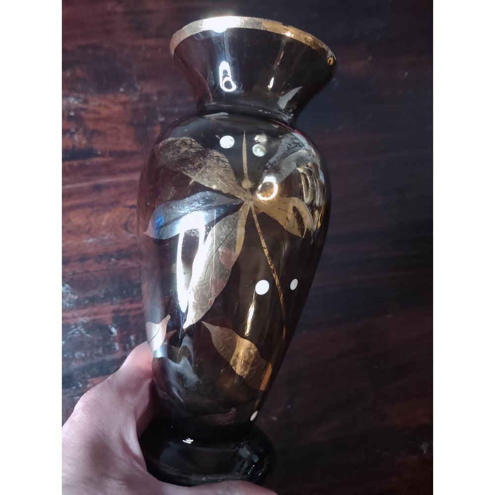 Vintage Amber Glass Vase 7.5" Gold Floral Painted Rim Chip Mid Century Decor